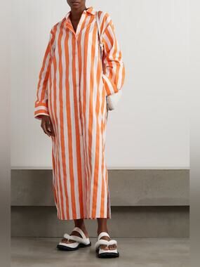 The Frankie Shop Cala Striped Cotton-Poplin Shirt Dress Orange White XS/S Womens